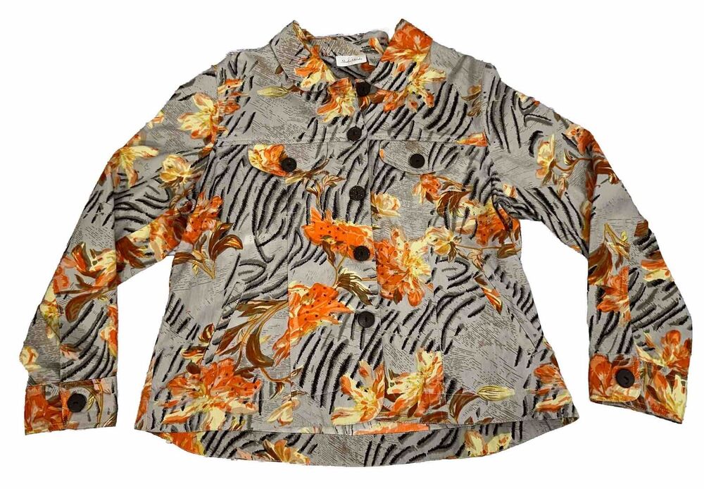 Studio Works Tan Orange Yellow Floral Sequin Cotton Button Up Jacket size Large